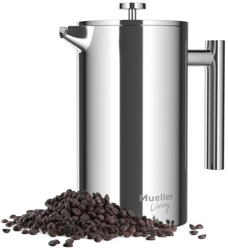 MuellerLiving French Press Coffee Maker 34oz, Stainless Steel French Press Coffee, 4 Filter Heat Resistant Double Insulated, Rust-Free, Food Grade, Dishwasher Safe Coffee Pot