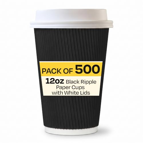 We Can Source It Ltd – 12oz Disposable Black Ripple Paper Cups with White Lids – Insulated Black Paper Cups with 3 Ply Construction – for Tea, Coffee, Hot Drinks– 500Pc