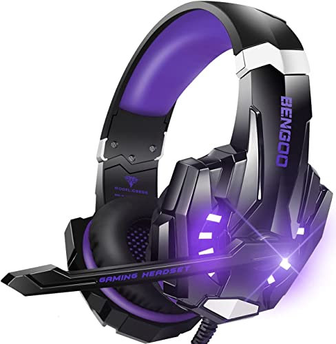 Bengoo G9000 Stereo Gaming Headset for PS5 PS4, PC, Xbox One Controller, Noise Cancelling Over Ear Headphones with Mic, LED Light, Bass Surround, Soft Memory Earmuffs for Laptop Mac Nintendo (Purple)