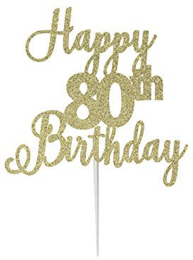 LissieLou Happy 80th Birthday Cake Topper in Pretty Glitter Card, Made in the UK - Gold