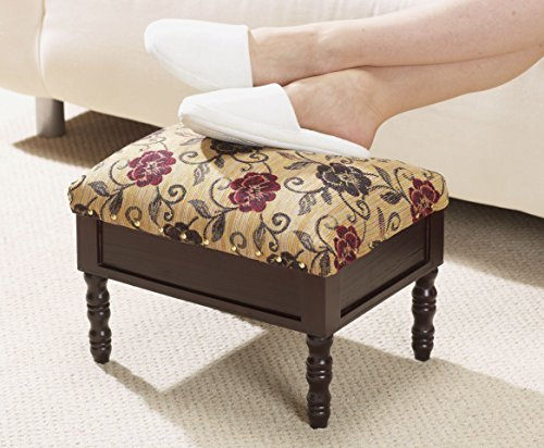 Finepoint Floral Fabric Footstool with Storage Compartment and Padded Lid – Upholstered Ottoman for Living Room Comfort and Organisation with Dark Wood Classic Finish