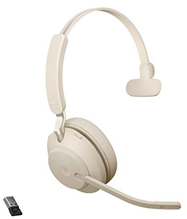 Jabra Evolve2 65 Casque PC sans Fil - Casque Mono Écouteurs Certifié UC avec Annulation du Bruit et Batterie Longue Durée - Adaptateur Bluetooth USB-A - Beige