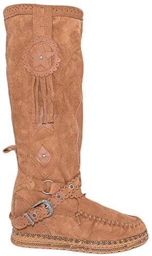 Stivali Donna Indianini Cuoio al Ginocchio con Frange Zeppa Interna 5 cm e Stemma Scamosciati Alti Moda (37 EU)