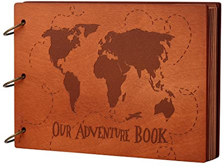 LINKEDWIN Jubiläums-Fotoalbum, Unser Abenteuerbuch Scrapbook mit 3D Holzeinband, Globe/Weltkarte, 29,5 x 19,1 cm, 60 Seiten (Weltkarte)