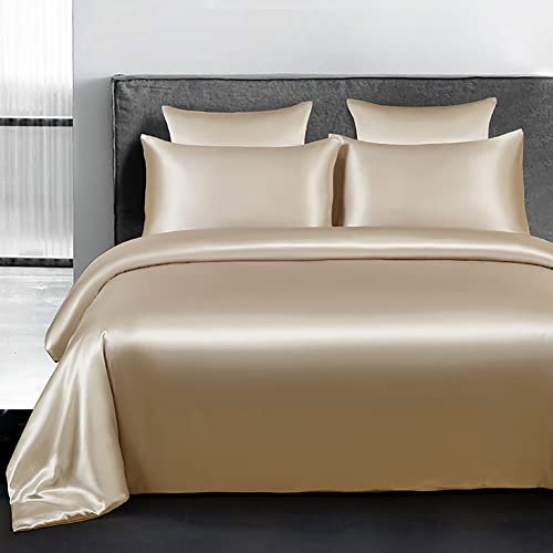 Omela Bettwäsche Satin 200x220 Taupe Beige Einfarbig Glatt Bettbezug mit Reißverschluss 3 Teilig Sommerbettwäsche Set 100% Glanzsatin Polyester Deckenbezug und Kissenbezüge 80x80 cm