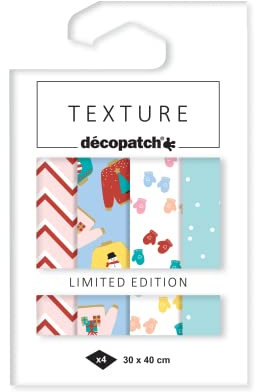 Decopatch TD875C - Packung mit 4 Bögen Texture Papier mit Metallic-Effekt, 30x40 cm, 4 Stück sortiert, Weihnachten