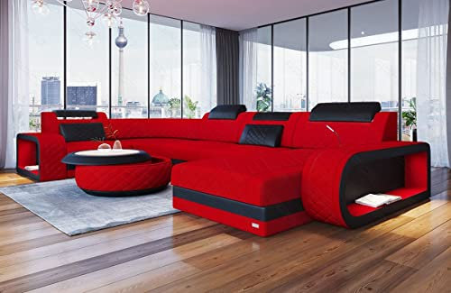 Sofa Dreams Stoff Wohnlandschaft Berlin - mit LED Beleuchtung, verstellbare Kopfstützen, Ottomane/Mikrofaser/Ausrichtung wählbar (Ottomane rechts, Schwarz-Rot)