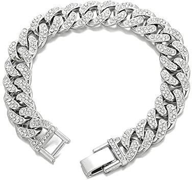 FuninCrea Bracciale cubano in acciaio al titanio per uomo e donna, 13 mm retrò vintage hip hop braccialetto argento lucido zirconia cubica bracciale cubano Miami Cuban Link Chain Bracelet, 21 cm