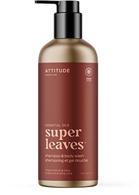 ATTITUDE 2-in-1 Body Wash and Hair Shampoo with Essential Oils, EWG Verified, Dermatologically Tested, with Naturally Derived Ingredients, Vegan, Refillable Bottle, Bergamot and Ylang Ylang, 473 mL
