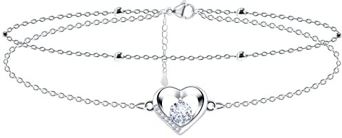 YELUWA 2 en 1 Bracelet de Cheville en Argent 925 en Forme de Coeur, Double Bracelet de Cheville Avec Boule et Zircon, Cadeau pour Amie, Soeur, Mère, Fille, Femme, Ajustable 23+3cm