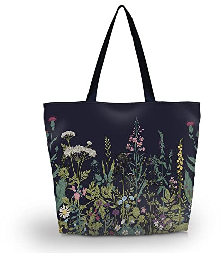 newplenty Strandtasche mit Reißverschluss, Einkaufstasche Faltbar, Große Wasserdichte Handtasche Damen Umhängetasche (Grüne Pflanze)