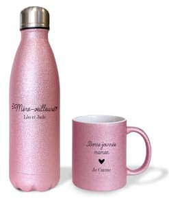 Pack Tasse + Bouteille isotherme pailletée rose personnalisées · Mère-veilleuse · Idée cadeau anniversaire ou fête des mères - G