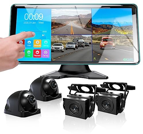 Ciascy 4K Backup Camera 4CH Dash Cam with 10.36 Quad Split Touch Screen & 4 AHD Front Rear Sides View Camera w/DVR Recording Music Video Playback Avoid Blind for RV Semi Trailer Truck Van
