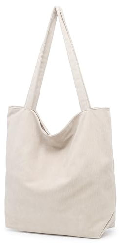Lidxfeo Cord Tasche Damen, Wiederverwendbare Shopper Umhängetasche, Große Kapazität Tote Bag Aesthetic, Schultertaschen mit Reißverschluss und Innentasche, für Arbeit Einkaufen Schule Usw (Beige)