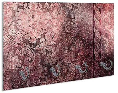 Wallario Handtuchhaken für Bad & Küche aus Glas 30 x 20 cm, Wand Handtuchhalter mit 4 Haken, Motiv: Schnörkelmuster in rot