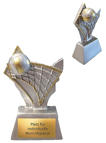 eberin · XS Beachvolleyball Pokal · Beachvolleyball Trophäe · Wanderpokal · Jugendspieler*innen Preis · Volleyball am Netz silber & gold · Pokal mit Wunschtext · Größe 10 cm