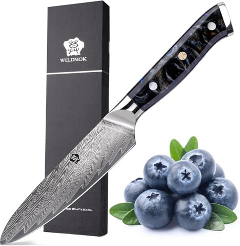 WILDMOK Couteau de cuisine, couteau de cuisine 13 cm en acier Damas Japon VG-10, couteau de chef de cuisine tranchant, manche ergonomique en résine colorée, coffret cadeau luxueux