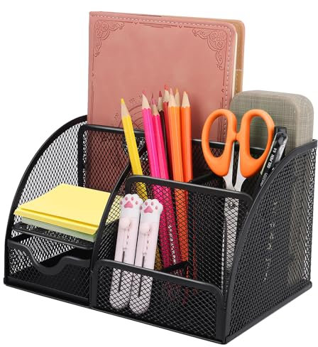 Schreibtisch Organizer aus Metallgeflecht Büro Organizer Office World Metall Schreibtisch Stiftehalter Tisch Organizer Schreibtisch Tidy mit Schublade 6 Sortier Compartments Mesh Metall Büro Organizer