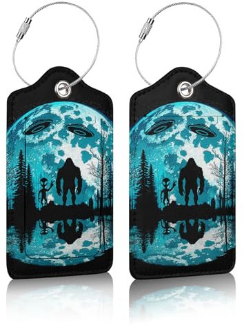 2 Stück Gepäckanhänger für Koffer, Bigfoot und Alien Moon Leder Gepäckanhänger Sichtschutz ID Label für Damen Herren Reisen