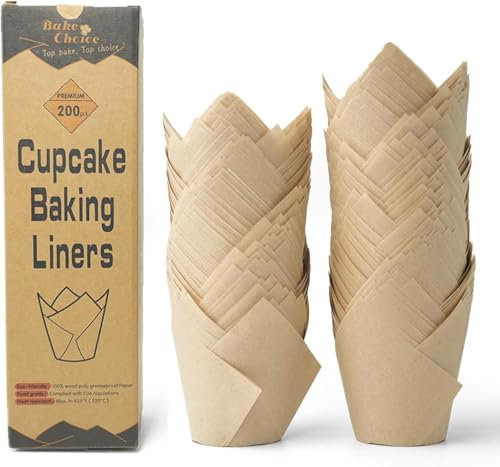 Bake Choice Moldes Magdalenas Papel,200pcs para Cupcakes de Tulipán,Natural & Sin Blanquear,Papel Nórdico de 75 g/m²,más Grueso y Resistente al Aceite,adecuado para Fiestas & Navidad & Repostería
