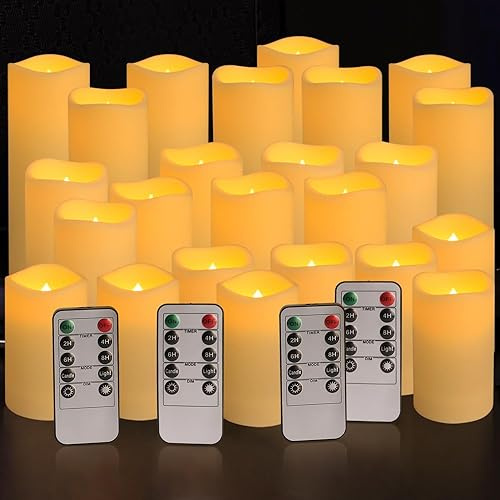 YOROXRG Set of 24 Waterproof Outdoor Flameless Candles, LED Candles with 4 Remote and Timer,(H 4 5 6 x D 2.2),for Christmas,Halloween,Wedding,Festival