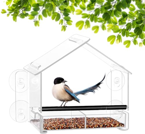 Urban Deco Window Bird Feeder With Strong Suction Cups - Acrylic Seed Feeder With Drainage Holes and Removable Tray for Garden - Clear Window Feeder