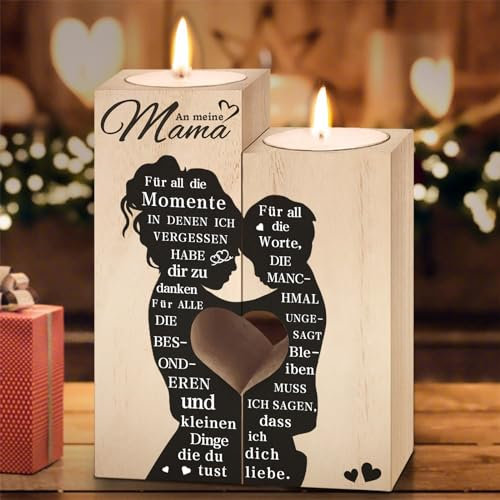 Muttertagsgeschenke für Mama - Kerzenständer Holz, Personalisierte Geschenke Mama Muttertagsgeschenk Kerze, Beste Mama Geschenk für Mutter zum Muttertag Geburtstag