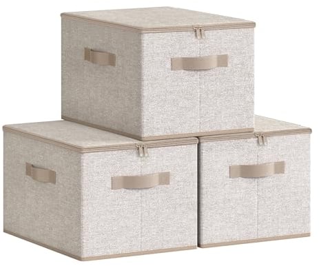 SONGMICS Aufbewahrungsbox mit Deckel, 3er Set, faltbare Stoffbox mit Griffen, Aufbewahrung für Kleidung, 40 x 30 x 25 cm, Vliesstoff, sandbeige RZB003K01