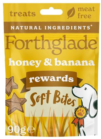 Forthglade Natural Dog Treats (4 x 90g Bags) - Hypoallergenic & Grain Free Dog Training Treats with Honey & Banana, Plant-Based Soft Bite Rewards, Resealable Bags