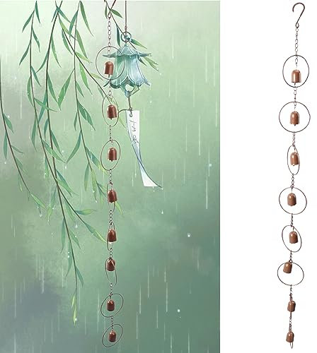 Hanging Rain Chime Metal Rain Chain Garden Wind Chimes Decorative Bell Musical Rain Feng Shui Good Luck Chimes for Gutter Drainage Home Outside Decor 3.94ft