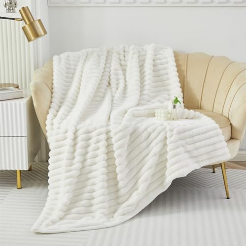 Luxuriöse Plüsch Kuscheldecke - Weiche Flauschige Decke Gemütlich Kuscheldecke Flauschig für Sofas, Kunstpelz Werfen Decke Kuschelig Leichte Decken Warm Cozy Blanket für Sofas Couch Bett (Beige Weiß)