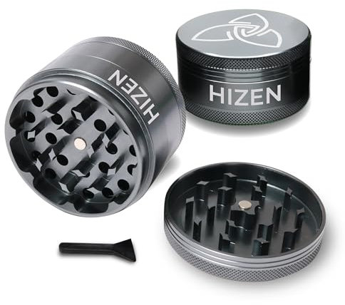 HIZEN Alu Grinder XXL Ø 63mm, 4-teilige Kräutermühle, Crusher Set für getrocknete Kräuter, Pollen, Blüten, Gewürze mit Pollenfach und Schaber (Gunmetal)