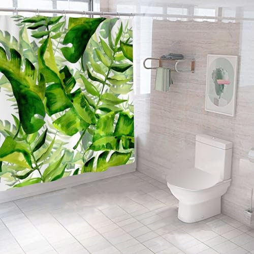 FAIRYGATE Duschvorhänge Bathroom Curtains Anti Schimmel Shower Curtain Grüne Blätter Pflanzen Wasserabweisend Badewanne Vorhang aus Polyester Waschbar Badvorhang mit 12 Duschvorhängeringen B8005