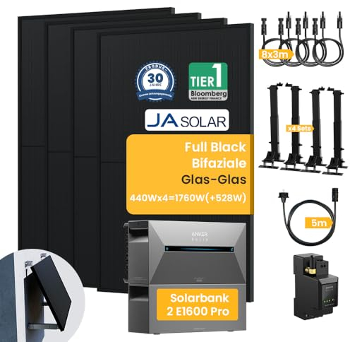 Balkonkraftwerk mit Speicher 3.2 kWh, Solix Solarbank 2 E1600 Pro mit BP1600x1, JaSolar 1760W(+528W) Full Black Bifaziale Solarmodule, Smarten Zähler und 4 Sets Halterung für Flachdach