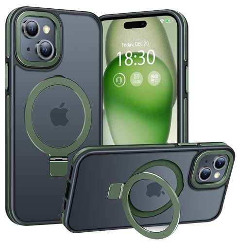 BENTIACC Handyhülle iPhone 15 Hülle, mit Unsichtbarer Ständer, mit Mag-Safe, Militärschutz, [Transluzente Matte] Anti-Fingerabdruck hülle iPhone 15 6,1 Zoll(DunkelGrün)