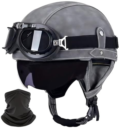 CZSBXBHD Deutsche Leder Motorrad Halbhelme, Halbschalenhelm mit ECE, Jethelm Retro, Scooter-Helm, Chopper Helm, Fahrradhelm, mit Sonnenblende und Schnellverschlussschnallen Offenem Helm,F,M 57~58CM