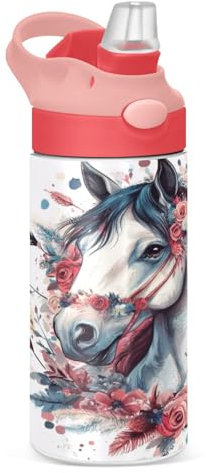 Sevdomey Horse with Flowers Kids Water Bottle for Girls Boys, Stainless Steel Insulated Leakproof Water Bottle 350ml with Straw for School Nursery Travel Sports