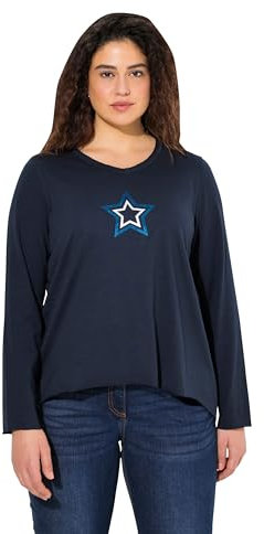 Ulla Popken Damen große Größen Übergrößen Plus Size Shirt, Stern, Rollkanten, A-Linie, V-Ausschnitt, Langarm Marine 42+ 831705130-42+