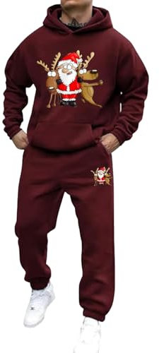 Schwarzer Trainingsanzug für Herren, 2025 Geschenk, Weihnachts-Jogginganzug, Herren-Set, lustiger Weihnachts-Trainingsanzug, 2-teilig, lustiges Rentier, Weihnachtsmann, Freizeitanzug, kuscheliger