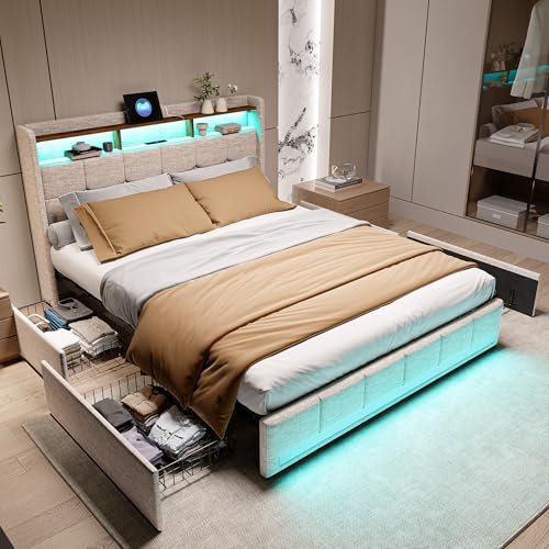 Lit Double 160x200 avec Sommier, Éclairage LED et Charge USB, 4 Tiroirs et Tête de Lit de Rangement, en Lin, pour Adultes et Adolescents (Beige, 160 x 200 cm)