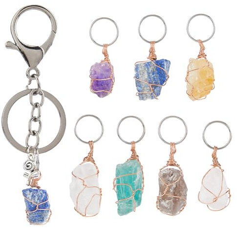 SUPERFINDINGS 7 Estilos Cristales Piedra Llavero de Cristal Crudo Llavero de Piedra Natural Llavero con 7 Anillos de Acero Inoxidable Colgante de Piedra Mixta para Fabricación de Joyas Longitud: 3 4
