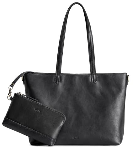 S-ZONE Damen Leder Handtasche Große Shopper Tote Bag Arbeitstasche Schultertasche mit Laptopfach und Handgelenksgeldbörse 2-teiliges Set