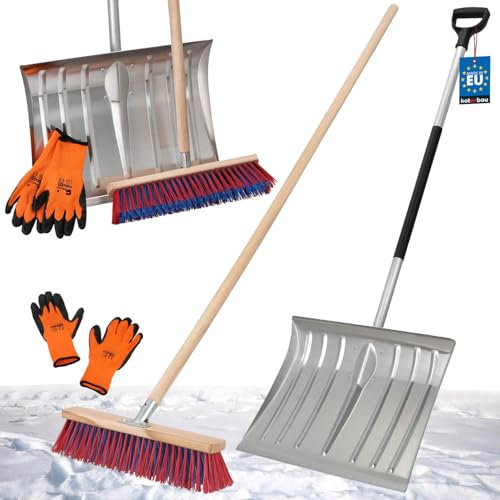 KOTARBAU® Set Schneeschaufel mit Aluminiumtiel 138 cm Straßenbesen 43 cm + Handschuhe Schneeschieber Snow Shovel Schneeräumer Gartenbesen mit Stiel draußen Schneeschaufel Auto Stiel zur Schneeräumung