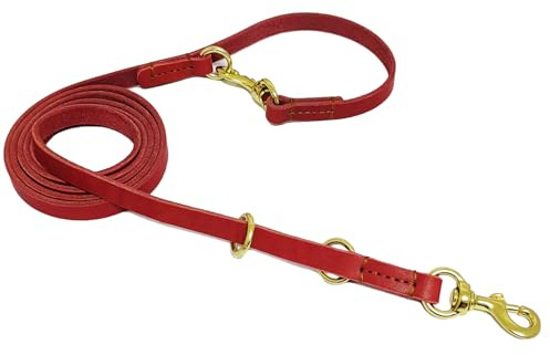 LWBMG Multifunktionale Leder-Hundeleine, 2,4 m, echtes Leder, freihändige Hundeleine, doppelseitig, für mittelgroße und große Hunde, Rot