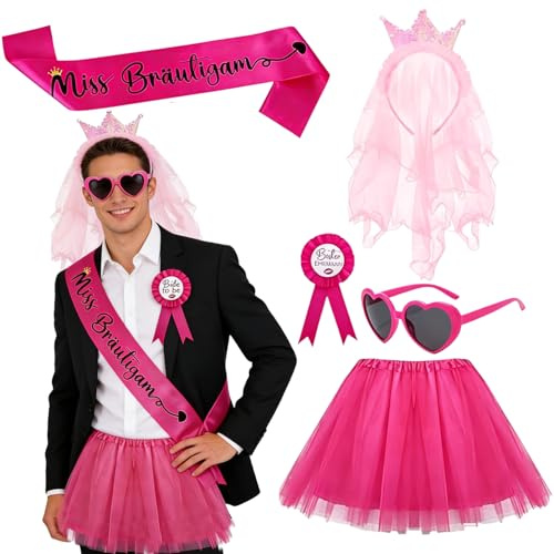 JGA Männer Junggesellenabschied Männer Kostüm, Herren JGA Party Kostüm, JGA Outfit Set mit Rosa Schleier Krone Stirnband, Rosa Tüllrock,Junggesellen-Schärpe, Besten Ehemann Abzeichen Accessoires Deko