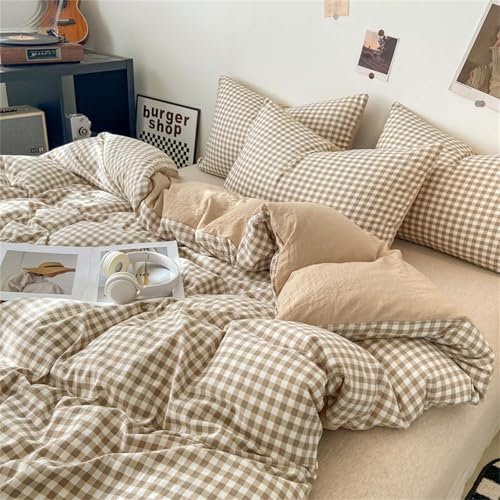 Covebett Bettbezug, 140 x 200 cm, kariert, Vichy-Karo, Beige und Braun, Bettwäsche für Erwachsene, Einzelbett, Bettbezug aus Mikrofaser, Bettwäsche mit Reißverschluss und 1 Kopfkissenbezug, 65 x 65 cm