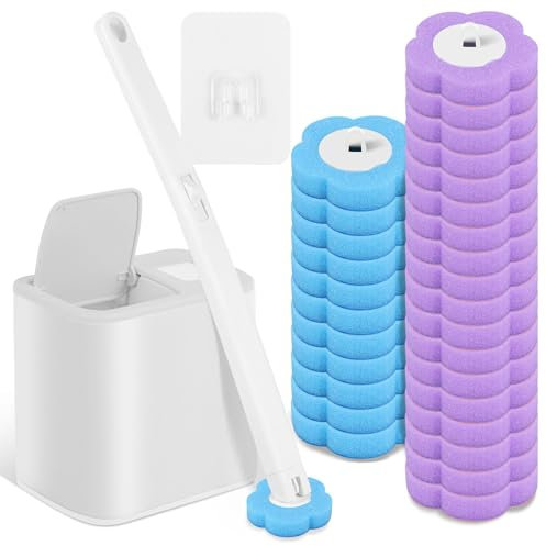 Escobilla de inodoro desechable, de inodoro desechable con cabezales de repuesto de varilla de inodoro, de inodoro con limpiador de limpieza rellenos esponja (blanco+30)