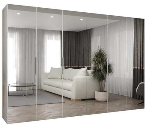 MEBLE KRYSPOL - Kleiderschrank mit Spiegel - Drehtürenschrank - Schrank 300x202x52cm - Garderobenschrank Schlafzimmer, Flur, Jugendzimmer - Farbe Weiß, Griff Kaschmir - Marbella 3 300