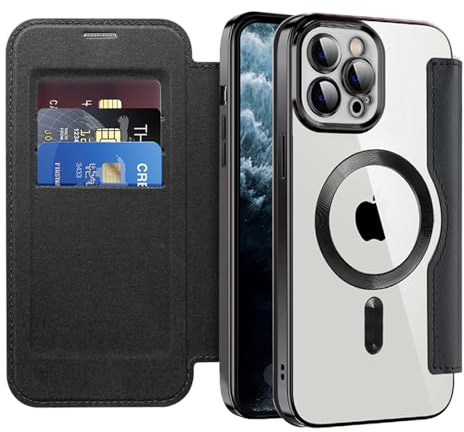 IMEIKONST Flip Wallet Case for iPhone 11 Pro Max Cover, Black JDCX | RFID Blocking Card Holder, Camera Lens Protection, Magnetic Transparent TPU Back, Compatible with MagSafe, PU Leather