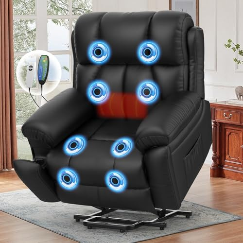 SQUEBILIFE Recliner Chair, Electric Recliner Armchair with Massage & Heat, Extended Footrest, Type C+USB Port, Hidden Cup Holder, Side Pocket Reclining Chair Sofa Lift Chair For the Elderly (Black)
